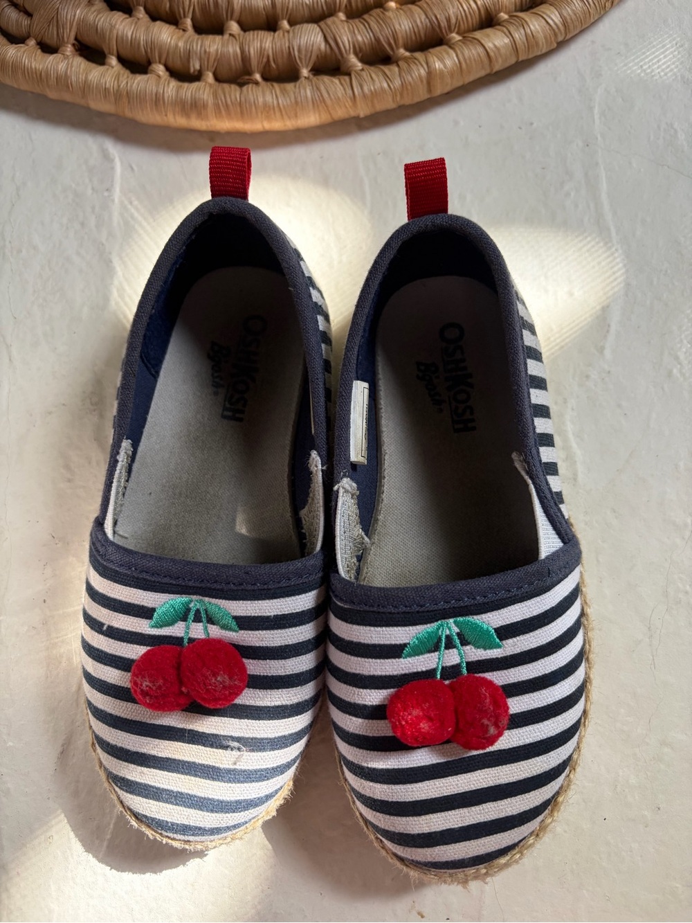 OshKosh B'gosh Blue and White Stripe Cherry Slip-Ons with Red Appliqué